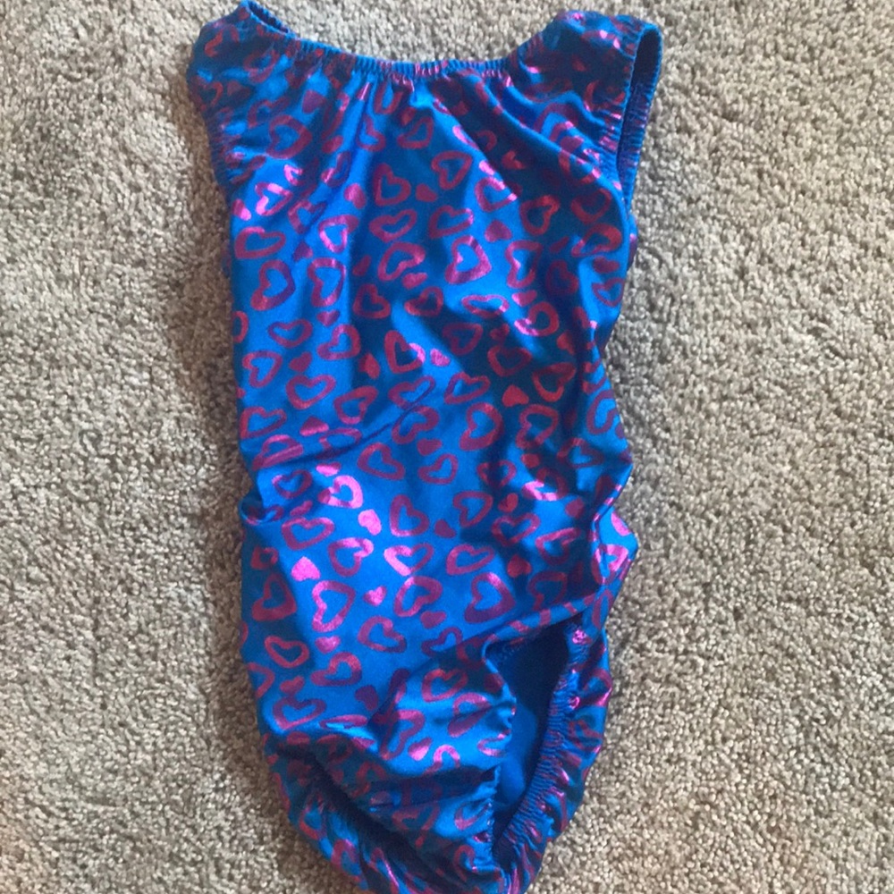 Blue and pink heart shaped gymnastic leotard